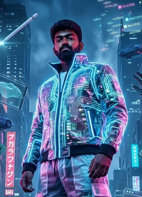 Balaji Ramesh in a glowing circuit-pattern jacket on a neon city street